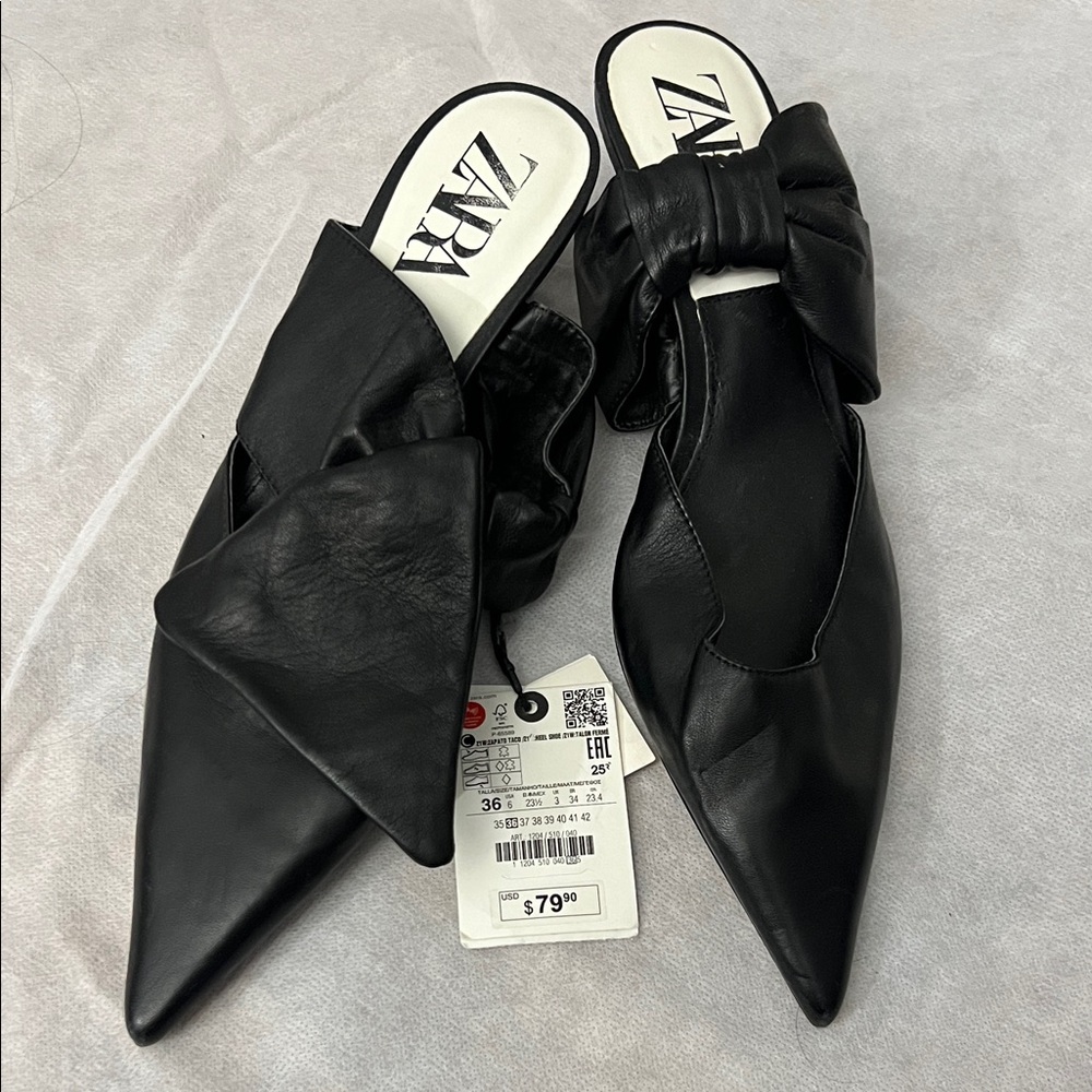 Zara Women's Black Pointed Mules with Bow